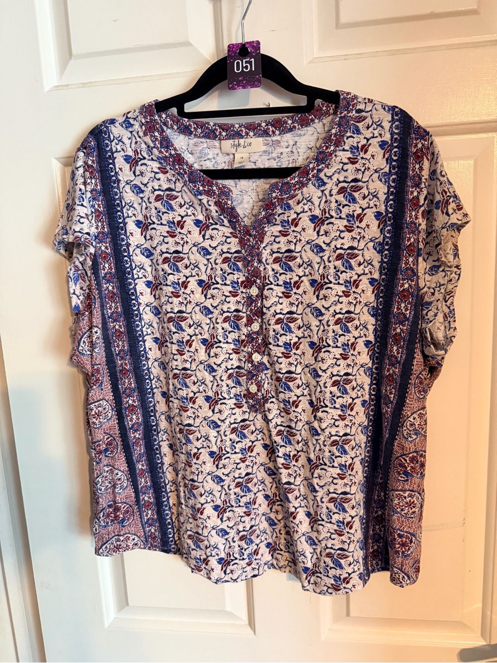 Style & Co. Cream Blue and Brown Floral-Print Button-Front Blouse